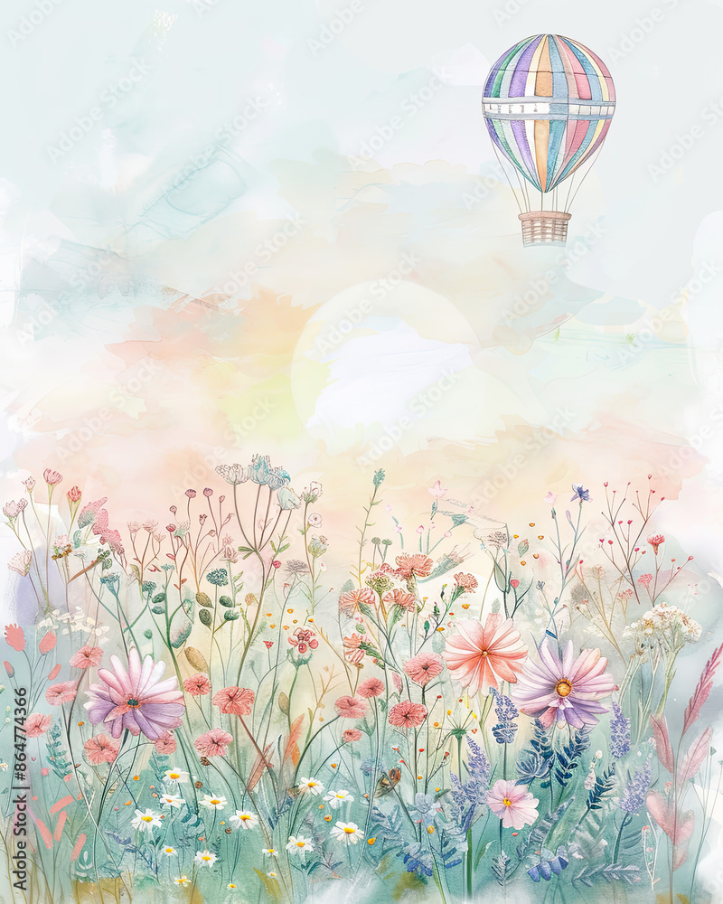 Serene watercolor of pastel balloon over flower field, sunrise glow, delicate shadows, tranquil dawn.