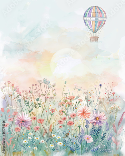 Obraz na płótnie Serene watercolor of pastel balloon over flower field, sunrise glow, delicate shadows, tranquil dawn. w salonie