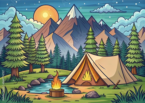 A serene outdoor camping scene with a grand tent, campfire, and mountainous landscape, illustrated in a whimsical line art style with bold colors.