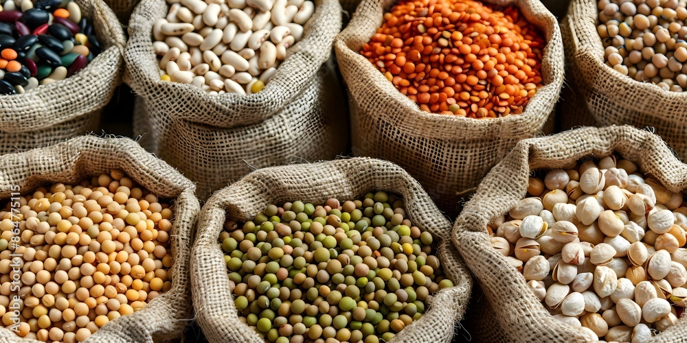 Obraz premium Assorted legumes in jute bags on table viewed from above. Concept Food Styling, Table Setting, Ingredient Photography, Farm-to-Table, Fresh Produce