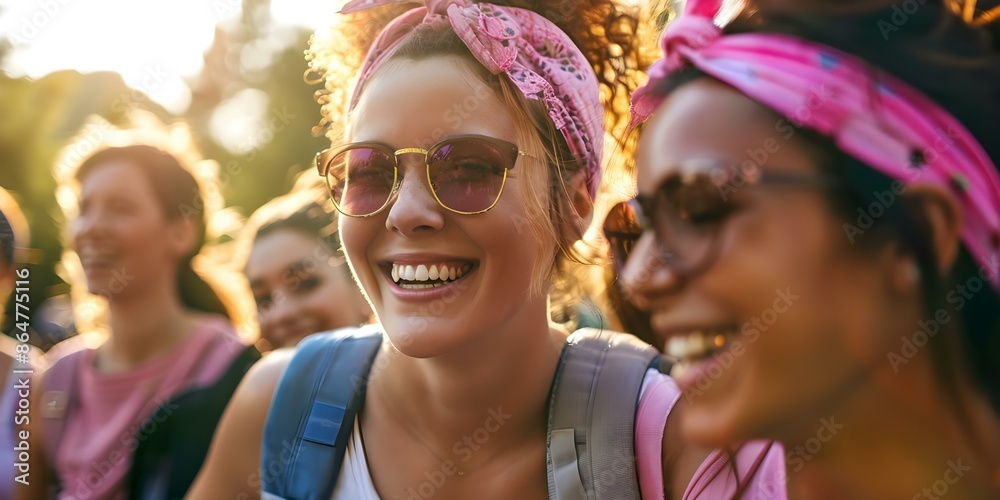 Fototapeta premium Close friends joyfully raise funds at cancer walk supporting each other. Concept Philanthropy, Cancer Awareness, Friendship, Charity, Fundraising