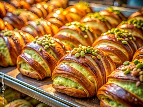 Warm golden light illuminates a freshly baked pistachio croissant with almond filling, perfectly arranged in a pastry shop window, inviting customers to indulge. photo