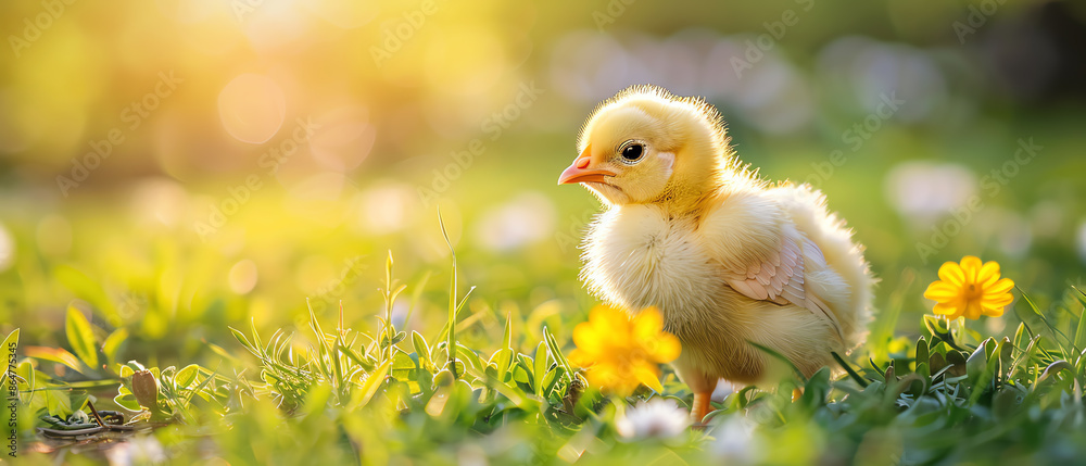 Cute baby chicken standing in green grass field with yellow flowers Cute baby chicken standing in green grass field with yellow flowers