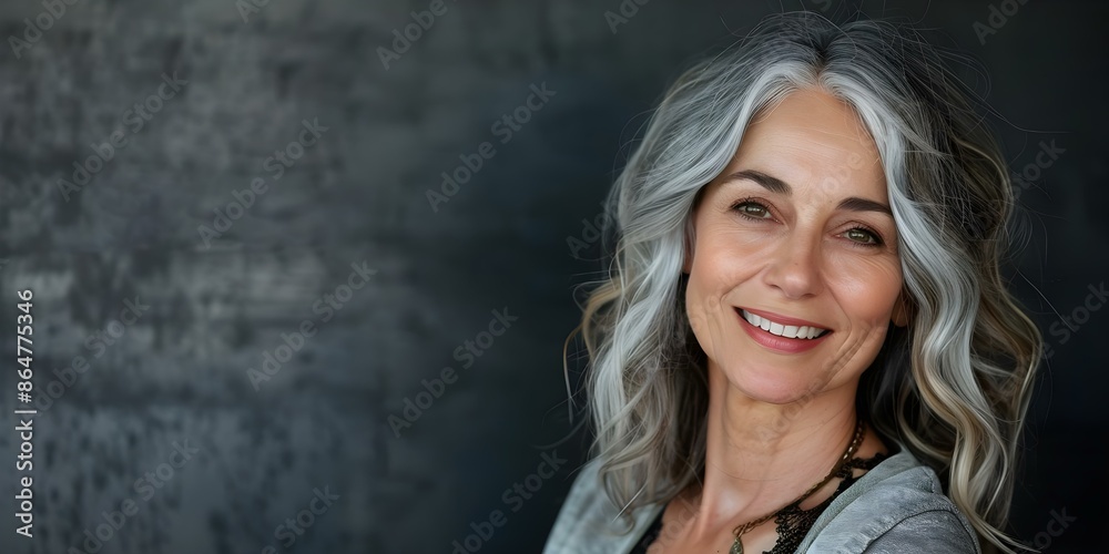 Fototapeta premium Graceful older woman with radiant skin and silver hair beaming joyfully. Concept Portrait Photography, Aging Gracefully, Silver Hair, Radiant Skin, Joyful Expression
