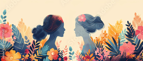 Two female head silhouettes facing each other with colorful floral background.