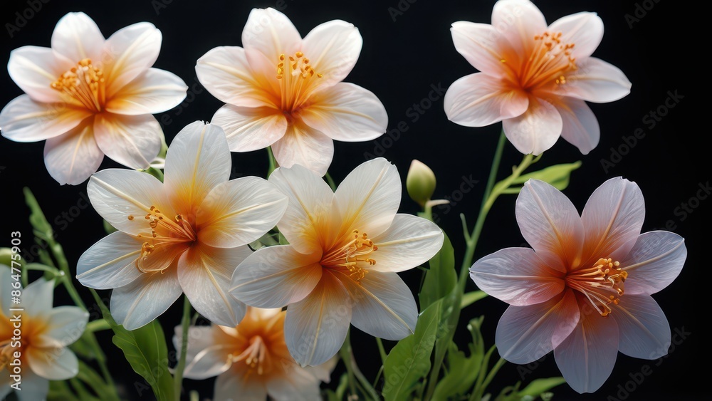 Delicate Peach and White Flowers on Black Background. Delicate Peach and White Flowers on Black Background.