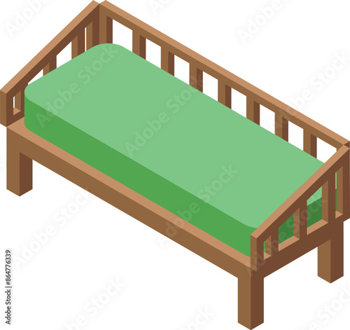 Simple wooden bed frame with green mattress on a white background, isometric view