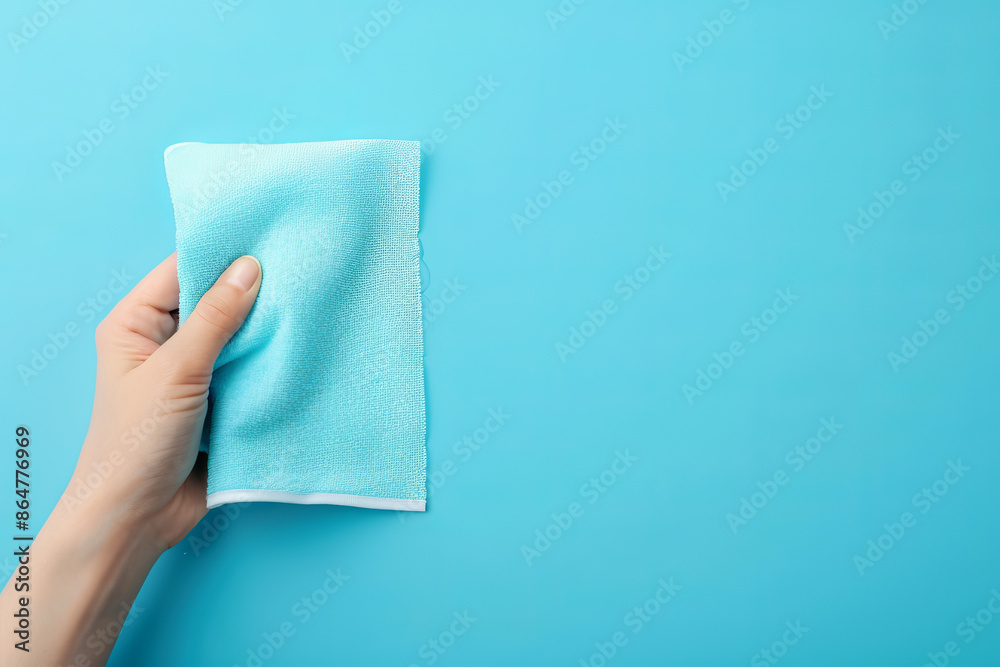 Close-up of a hand holding a blue cleaning cloth against a matching blue background, ideal for cleaning and hygiene related concepts. Close-up of a hand holding a blue cleaning cloth against a matching blue background, ideal for cleaning and hygiene related concepts.