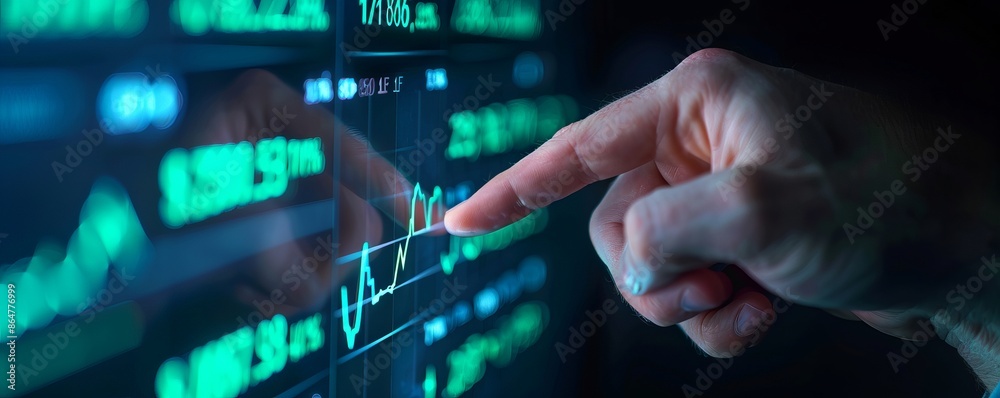 Close-up of a hand pointing at a digital financial chart with data on a screen, signifying stock market analysis and investing trends.