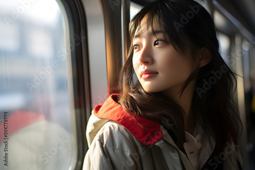 Young Asian woman traveling inside train © Firn