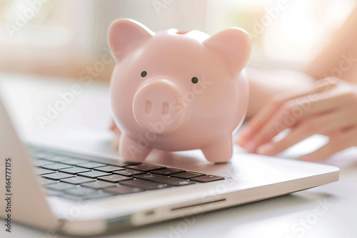 Close-up of a pink piggy bank on a laptop, symbolizing online savings, financial planning, and digital banking.