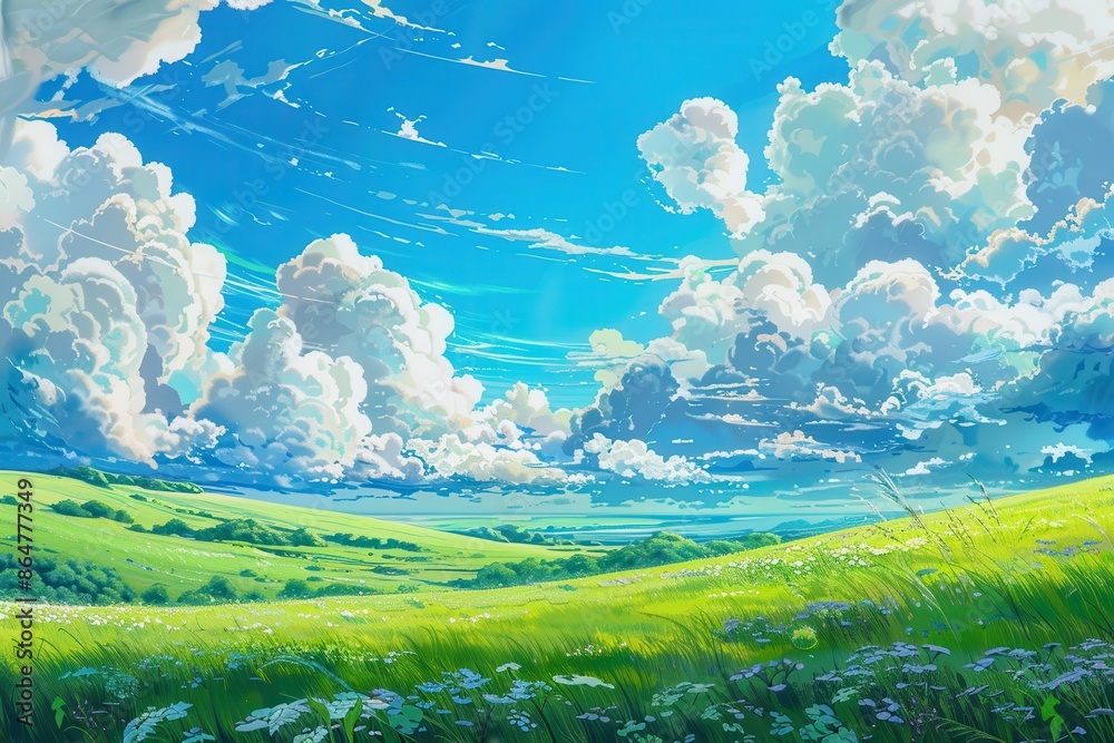 Vibrant green field with fluffy white clouds and blue sky, animated ...