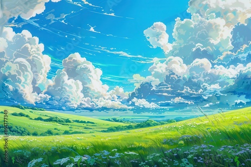 Vibrant green field with fluffy white clouds and blue sky, animated illustration perfect for background or desktop wallpaper.