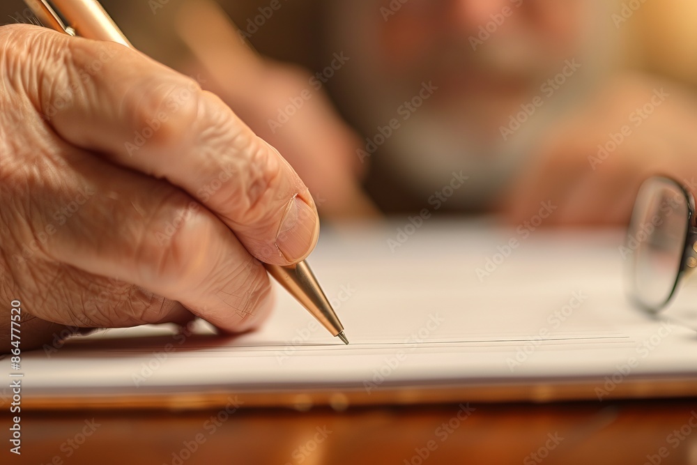 Close-up view of elderly person's hand writing on paper with a pen, focusing on the act of writing and detail of the hand. Close-up view of elderly person's hand writing on paper with a pen, focusing on the act of writing and detail of the hand.