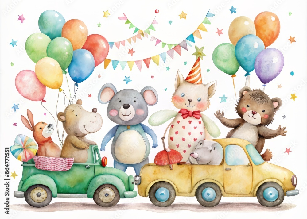 Obraz premium Whimsical watercolor illustration of playful animals sitting on colorful cars, surrounded by balloons and garland, on a clean white isolated background.