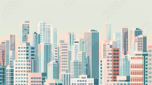 A stylized, flat illustration of a modern city skyline with minimalist buildings in pastel colors