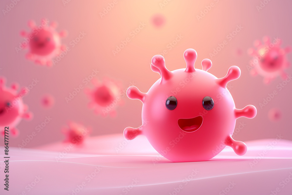 Cute pink virus characters with happy faces in a soft, pastel environment, symbolizing a friendly and whimsical approach to health and science. Cute pink virus characters with happy faces in a soft, pastel environment, symbolizing a friendly and whimsical approach to health and science.