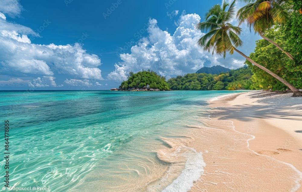 Fototapeta premium Tropical Beach Scene With Palm Trees and Crystal Clear Water on a Sunny Day