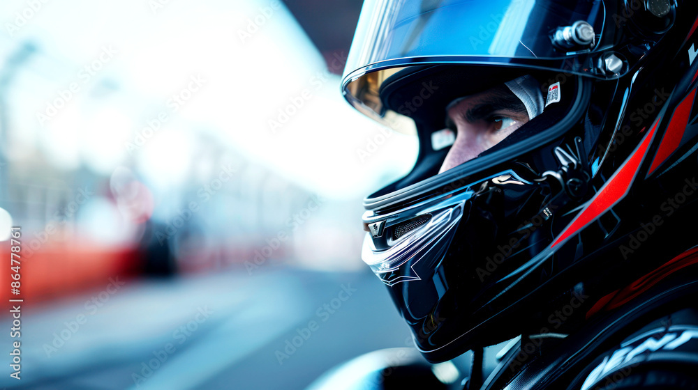 closeup face of racer wearing black helmet closeup face of racer wearing black helmet
