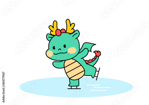빙판 위에서 피겨 스케이트 타는 용 캐릭터. 피겨 스케이팅.