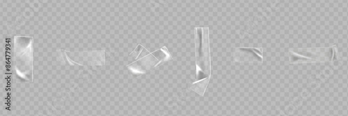 Transparent adhesive plastic tape pieces and cross for fixing isolated on transparent background. Crumpled adhesive plastic