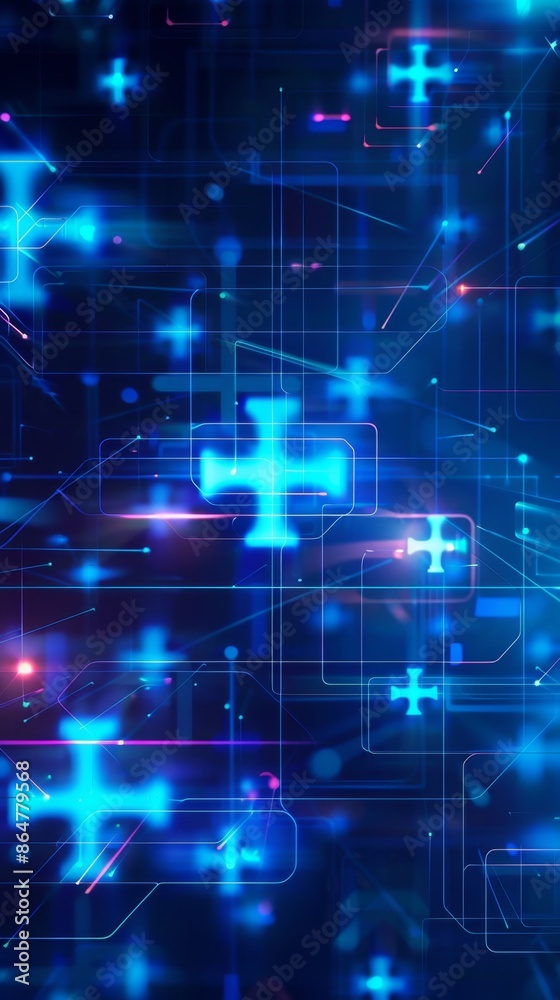 Fototapeta premium Abstract Medical Technology and Science Concept Featuring Neon Blue Cross on Healthcare Background: AI-Generated High-Resolution Wallpaper