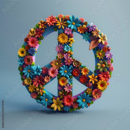 Colorful flower peace symbol on a neutral background, representing harmony and happiness in a vibrant display.