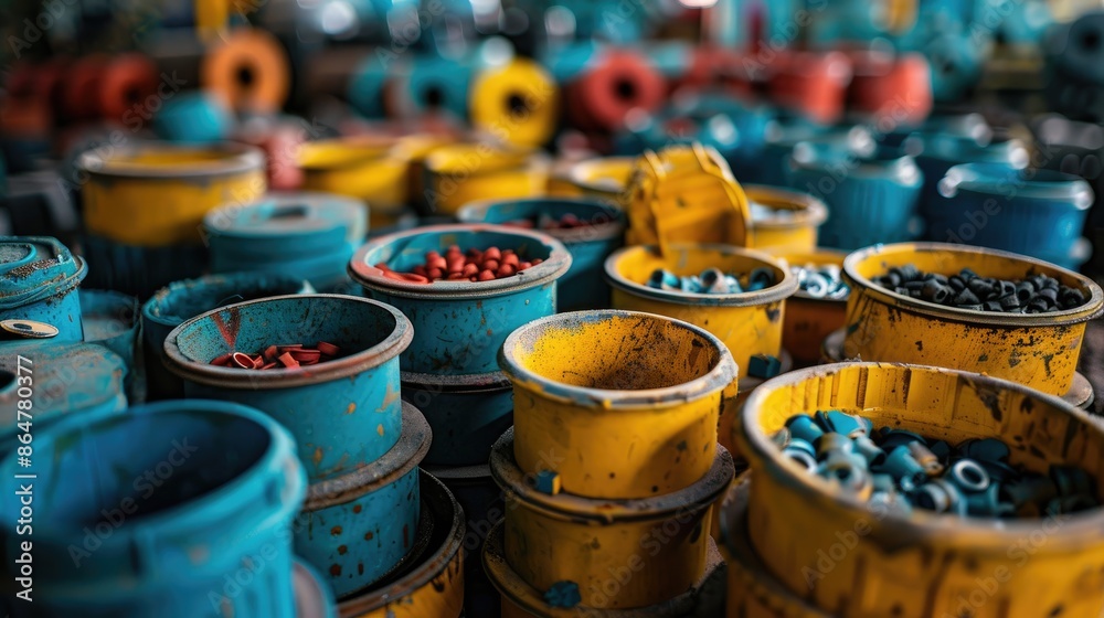 Colorful industrial containers filled with various small metal parts in a factory setting, showcasing a dynamic and vibrant workspace. Colorful industrial containers filled with various small metal parts in a factory setting, showcasing a dynamic and vibrant workspace.