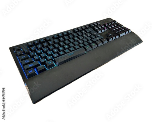 Black gaming keyboard with illuminating colorful RGB light isolated on white background