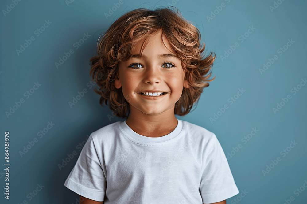 Cute boy wearing white t-shirt smiling on blue background, close-up portrait, fashion mock-up for design and print Cute boy wearing white t-shirt smiling on blue background, close-up portrait, fashion mock-up for design and print