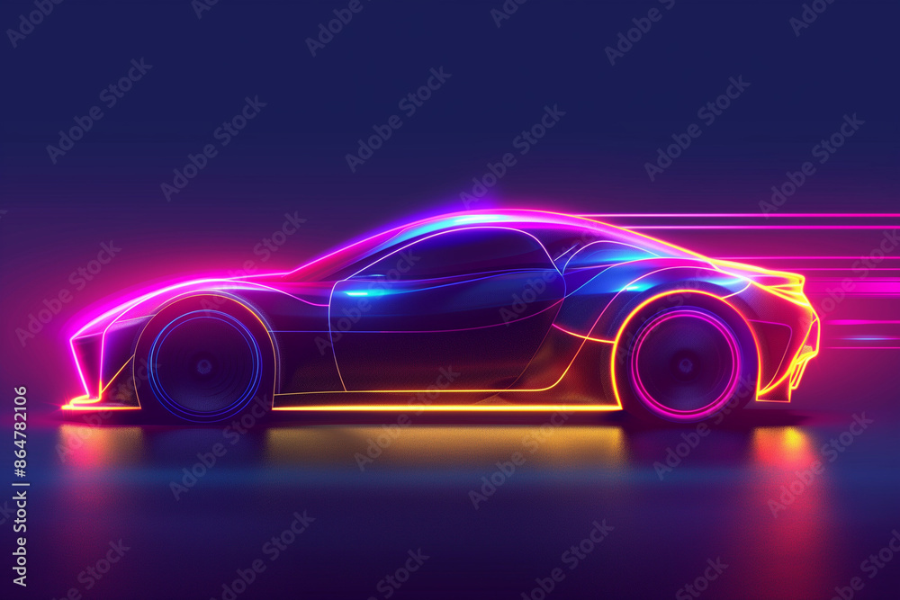 Side view neon glowing sport car silhouette. Abstract modern styled vector illustration Side view neon glowing sport car silhouette. Abstract modern styled vector illustration