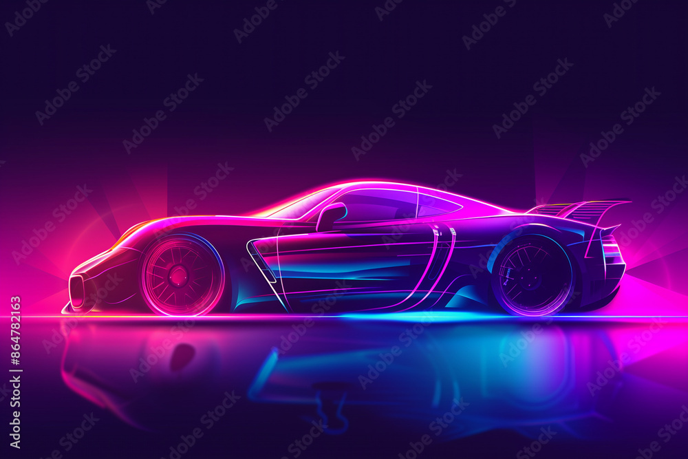 Side view neon glowing sport car silhouette. Abstract modern styled vector illustration