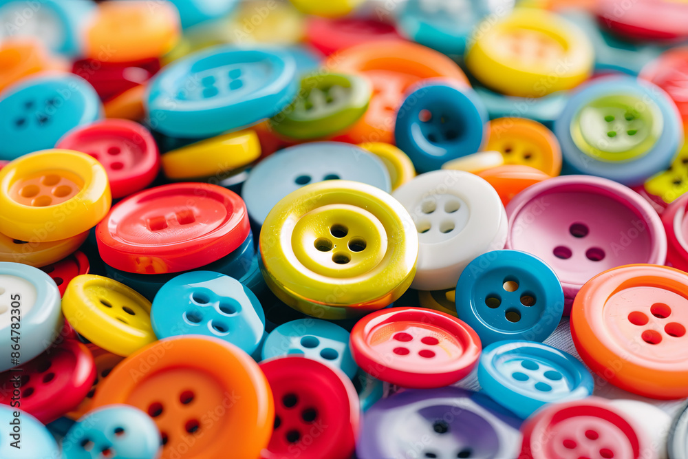 Pile of colorful buttons on a table, craft and sewing supplies Pile of colorful buttons on a table, craft and sewing supplies