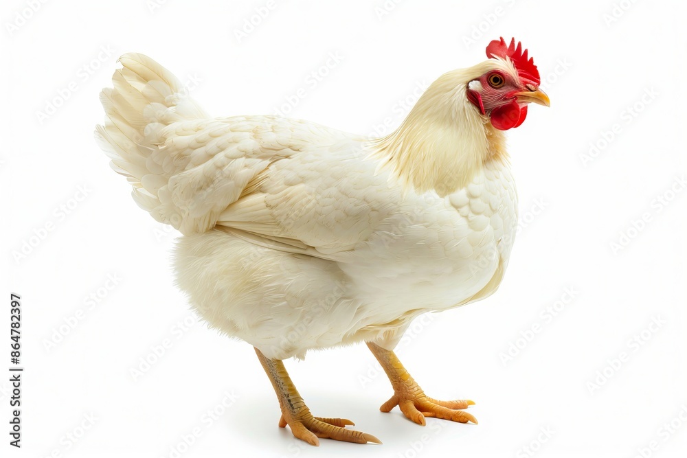 Fototapeta premium A white chicken standing on a background.