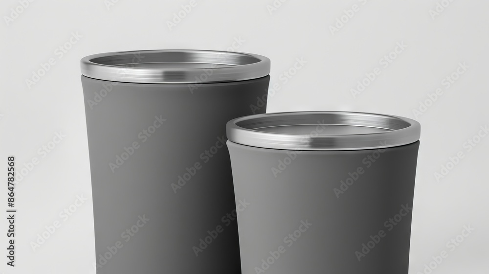 Two grey tumblers with lids on a white surface. Two grey tumblers with lids on a white surface.