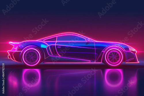Side view neon glowing sport car silhouette. Abstract modern styled vector illustration