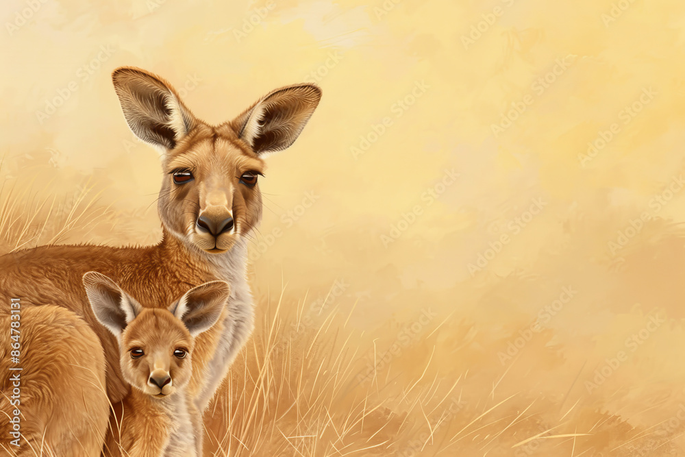 Illustration of a kangaroo and its joey in a scenic Australian outback setting, showcasing nature and wildlife in warm earthy tones. Illustration of a kangaroo and its joey in a scenic Australian outback setting, showcasing nature and wildlife in warm earthy tones.