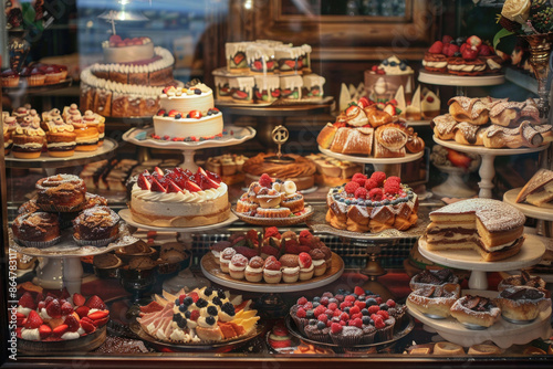 Bakery window showcasing an array of pastries and cakes © Venka