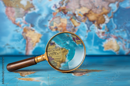 Magnifier with a world map, symbolizing global search and exploration