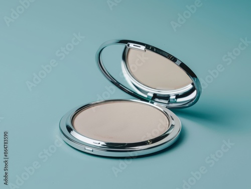 A cosmetic mirror and powder compact on a plain background in a close-up shot. Soft artificial lighting, 100mm macro lens