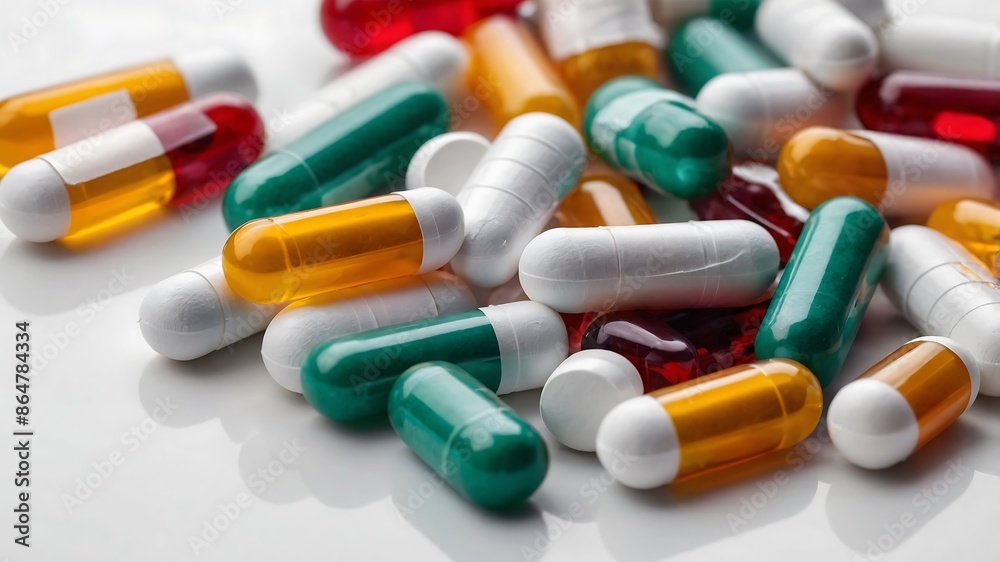 Pills and capsules on a white background, representing medicine and healthcare Pills and capsules on a white background, representing medicine and healthcare