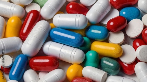 Pills and capsules on a white background, representing medicine and healthcare