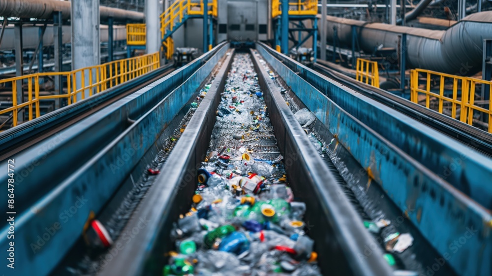 Industrial Recycling Facility with Conveyor Belt Sorting Plastic Bottles and Containers