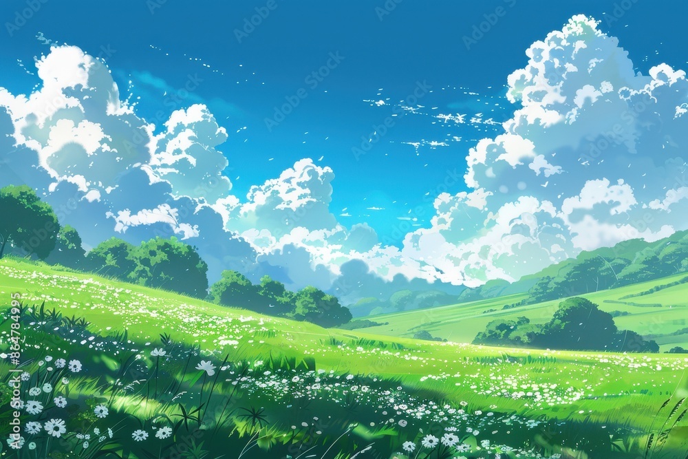 Fototapeta premium Grass Field landscape with blue sky and white cloud. Blue sky clouds sunny day wallpaper. Cartoon illustration of a Grass Field with blue sky in Summer. green field in a day.