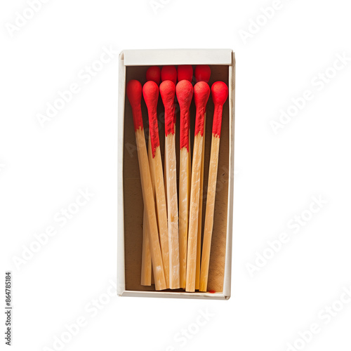 Open stylish matchbox with red matches isolated on a transparent background