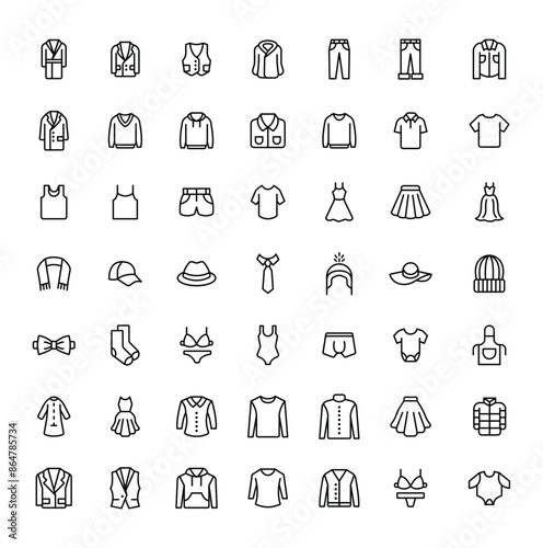 Clothes line icons set. Sweatshirt, hoody, pullover, bathsuit, jacket, evening dress,Minimalist thin linear web icon set. vector illustration. photo