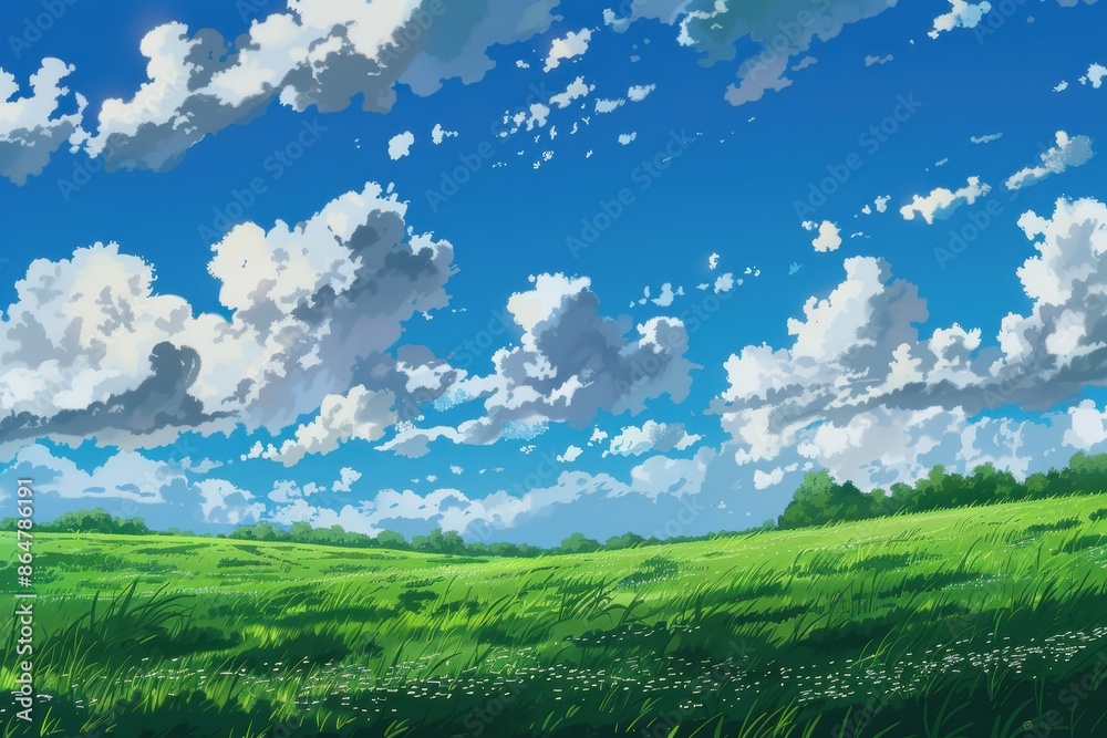 Grass Field landscape with blue sky and white cloud. Blue sky clouds sunny day wallpaper. Cartoon illustration of a Grass Field with blue sky in Summer. green field in a day. Grass Field landscape with blue sky and white cloud. Blue sky clouds sunny day wallpaper. Cartoon illustration of a Grass Field with blue sky in Summer. green field in a day.
