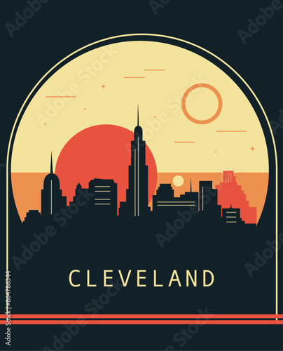 Cleveland city retro style poster with skyline, cityscape. USA Ohio state vintage vector illustration. US front cover, brochure, flyer, leaflet template, layout image