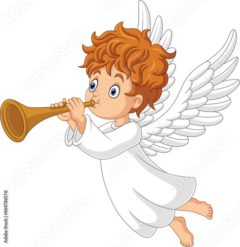 Illustration of cartoon angel blowing trumpet
