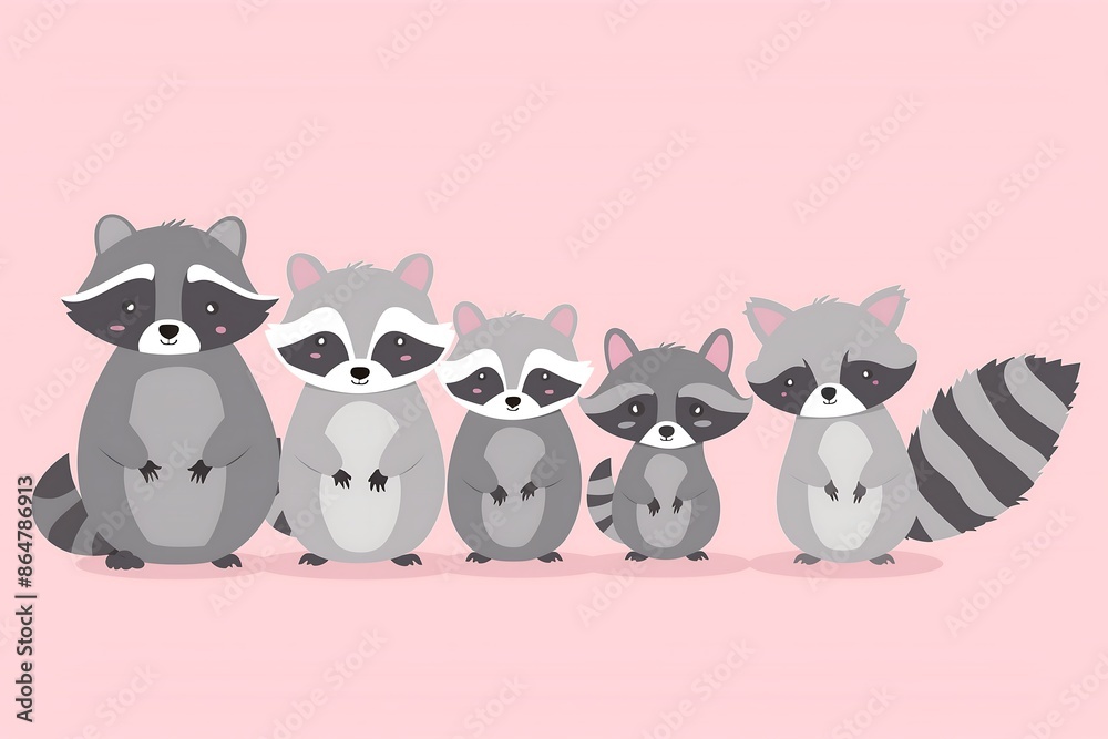 An illustration design featuring a group of cute raccoons on a pastel pink background. The minimalist style and free space give the image a clean and modern look, making it ideal for greeting cards. An illustration design featuring a group of cute raccoons on a pastel pink background. The minimalist style and free space give the image a clean and modern look, making it ideal for greeting cards.